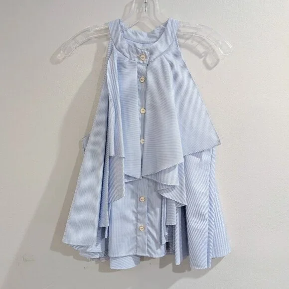 CAROLINE CONSTAS Like New Adrie Striped Ruffle Blouse L Blue White Sleeveless - Picture 5 of 14